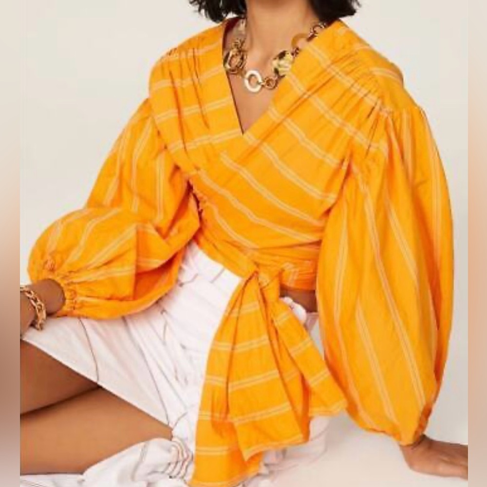 Acler Wyatt Cotton Puff Sleeves Wrap Orange Top in size 4.